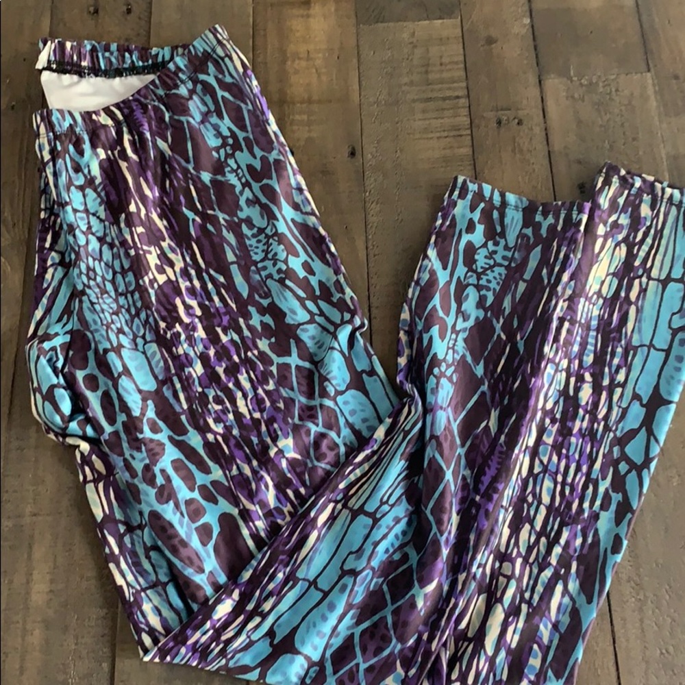 Abstract Snakeskin Print Leggings Purple Blue Stretch Tights Medium